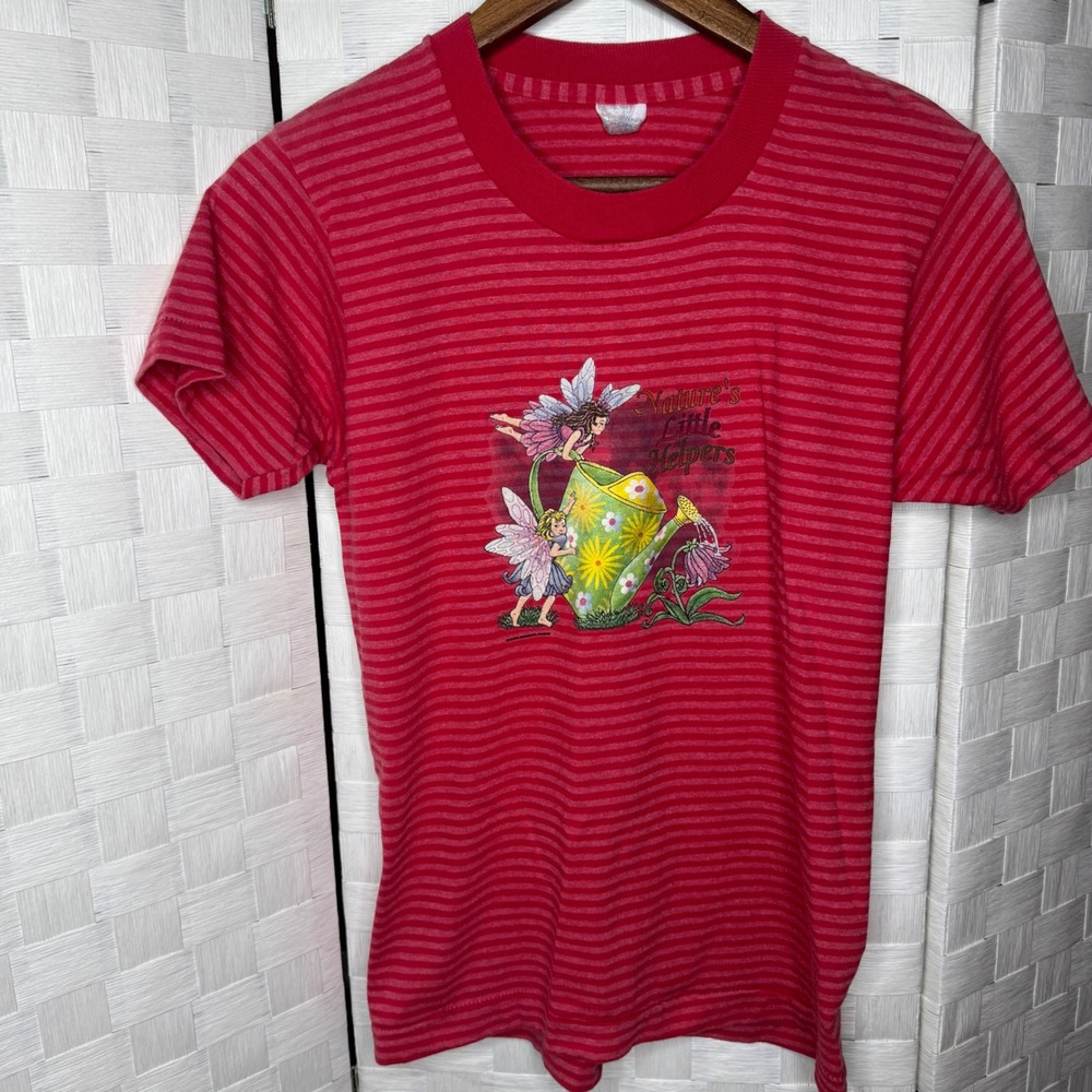 Vintage Natures Little Helpers Fairy Graphic Striped T-Shirt Red Pink Medium - Picture 1 of 5